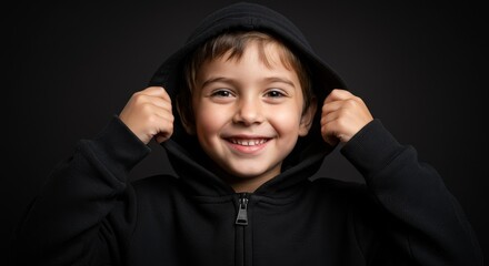 Portrait of Smiling Young Boy in Black Hoodie Studio Background