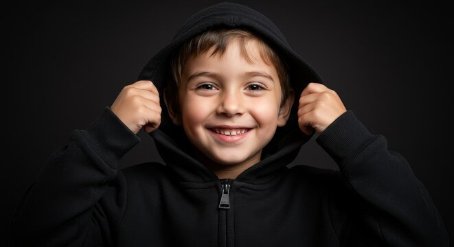 Portrait of Smiling Young Boy in Black Hoodie Studio Background