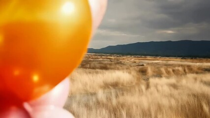 Festive multicolored balloons float against a backdrop of dry grass and distant mountains during a celebration or event. - Powered by Adobe
