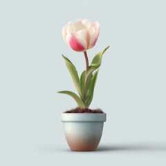Obraz premium Minimalist vector illustration of a blooming tulip in a small ceramic pot on a clean white background