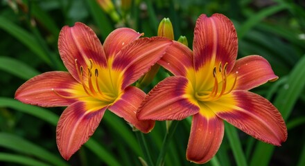 Photo Two Orange Daylily Blooms in Garden Floral Nature Background