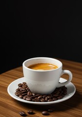 Fototapeta premium Photo Warm Coffee Cup Surrounded By Coffee Beans On Wood Table