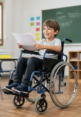 Photo Young Boy in Wheelchair Smiles Brightly in Classroom Setting