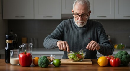 Realistic Image Senior Man Enjoying Healthy Salad Fresh Table Meal