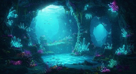 Pixel 3D Art Underwater Cave Ocean Coral Reef Blue Pixel Art