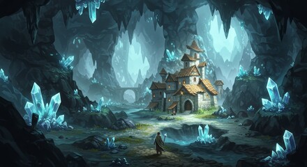 Pixel Art Cave with Glowing Crystals Fantasy House Landscape