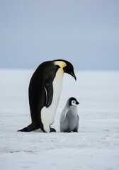 Fototapeta premium Realistic Mother Penguin and Baby in Snowy Antarctica Bird Photography