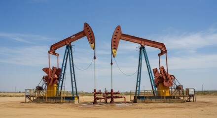 Realistic Oil Pump Jacks Extracting Crude Petroleum in Desert Field