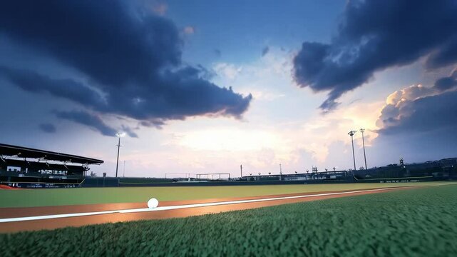 Baseball resting on the baseline of a field at dusk, under a dramatic sky with dark clouds and stadium lights casting an atmospheric glow.