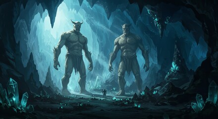 Pixel Art Illustration Monsters in a Crystal Blue Lit Cave