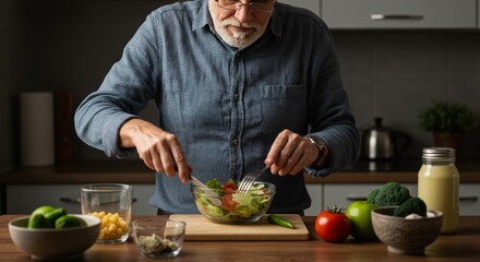 Realistic Image of Senior Man Preparing Green Salad in Kitchen