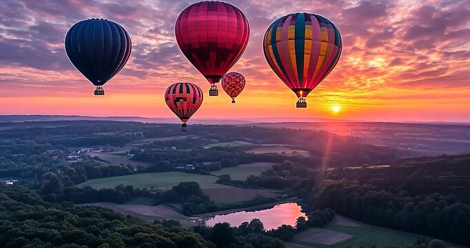 Colorful hot air balloons flying at sunset over green fields. Dramatic sky with a beautiful light. A beautiful landscape
