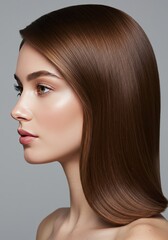 Fototapeta premium Realistic Image Profile of Shiny Haired Woman with Elegant Makeup