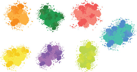 Vivid Watercolor Splatter Set Abstract Blots in Orange, Green, Red, Yellow, Purple, and Blue Hues