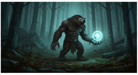 Pixel Art Werebear Holds Glowing Orb Deep Dark Magic Forest