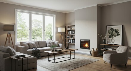 Fototapeta premium Realistic Living Room Interior with Gray Sofa and Fireplace Design