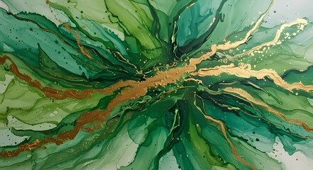 Vibrant abstract artwork showcasing lush green hues with metallic accents in a fluid and dynamic composition