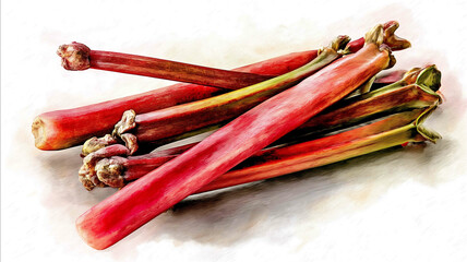 watercolor style of organic rhubarb stalks
