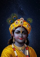 Illustration of Lord Krishna With Peacock Crown Jewelry on Starry Night
