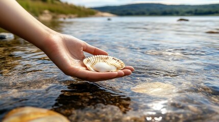 A child's hand holds a seashell in shallow water near a riverbank