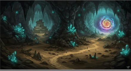 Pixelart Cave Landscape with Glowing Crystals Magic Portal Illustration