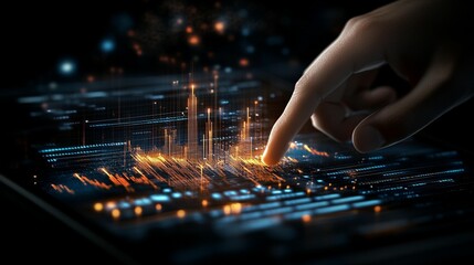 A hand interacts with a glowing holographic display showing urban data visualizations.  Detailed city data and graphs overlay on a tablet surface