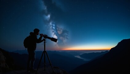 A person observing the Milky Way through a telescope on a clear starry night, surrounded by mountain landscapes