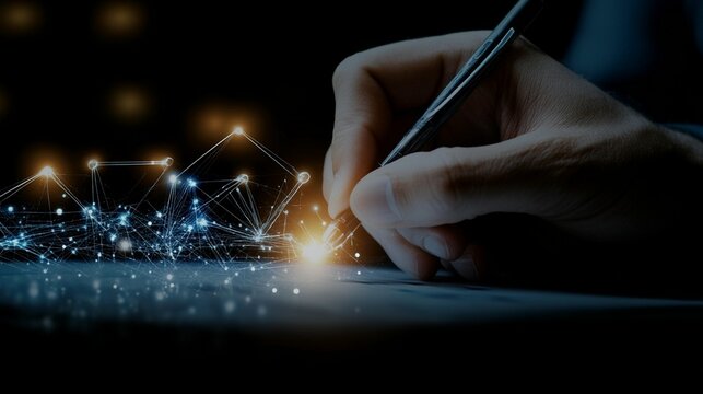 A hand writes on a surface with digital network connections