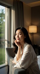 Portrait of Young Asian Woman in White Gown Relaxing Indoors