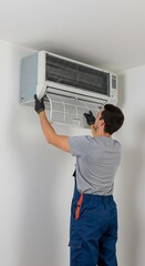 Professional Man Repairing Air Conditioner System Indoors in Apartment