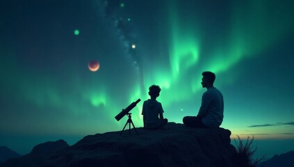 A peaceful stargazing moment captured of a child and an adult looking at the stars through a telescope, with the night sky glowing