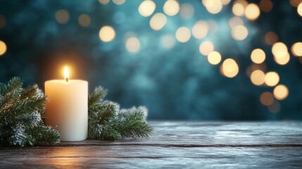 A single candle sits on a rustic wooden table, adorned with pine sprigs, against a backdrop of blurred teal lights