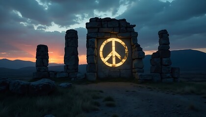 Peace Symbol at Ruins Sunset Landscape