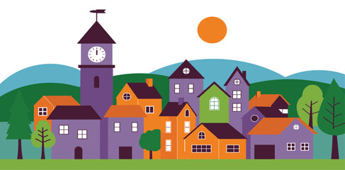 Colorful illustration of Mexican, Latin America street, village homes, fireworks, Cinco de Mayo celebration