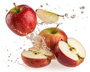Close up of red apples with water droplets and slices against a white background in a studio shot