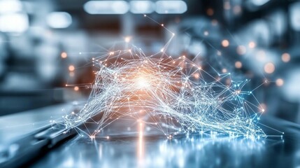 Abstract network graphic overlaid on a factory setting, showcasing interconnected data points