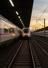 Naklejka premium Realistic Image Train at Station Platform Tracks during Sunset