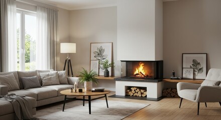Realistic Living Room Interior with Fireplace Home Furniture Decor