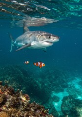 Fototapeta premium Realistic Photo of Great White Shark with Fish Underwater Ocean Wildlife