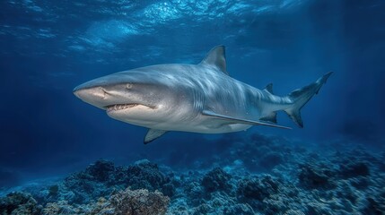 Fototapeta premium Majestic bull shark gracefully swimming in the crystal-clear turquoise sea