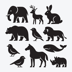 animal silhouettes, black and white, minimalist, simple shapes, vector icons, wildlife, nature, safari, geometric, abstract crate vector img 