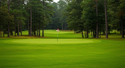 Obraz premium Scenic Photo of Green Golf Course Lush Landscape and Pine Trees