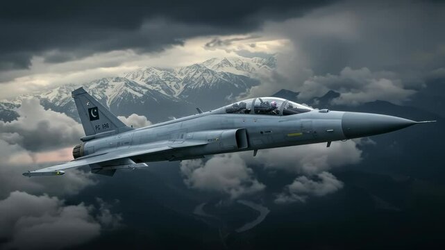 Pakistani JF-17 Thunder Soaring Through Majestic Mountain Skies Amidst Cloudscape