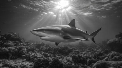 Obraz premium Monochrome majesty: Caribbean reef shark glides through sunlit coral seascape