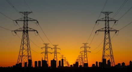 Silhouette of Electrical Towers During Orange Sunset Evening Photo