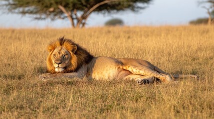 Majestic African Lion Resting in Golden Savanna Grassland