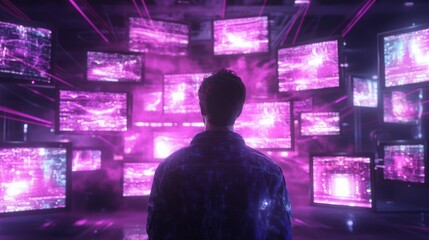 Surrounded by Digital Data Streams: A Man Observes a Myriad of Glowing Screens