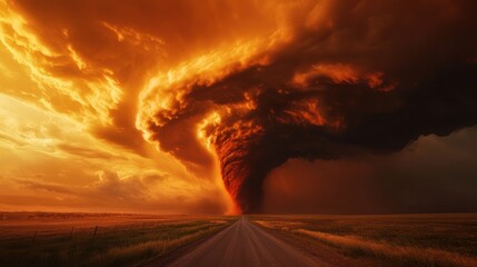 Fiery Tornado Apocalypse: A Dramatic Sunset Landscape