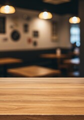 Wood Table Restaurant Blurred Interior Background Mockup Template