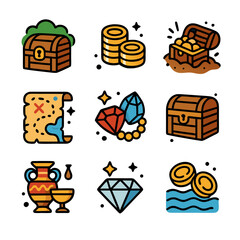 Pirate treasure icons illustration features gold, diamond, chest and treasure map